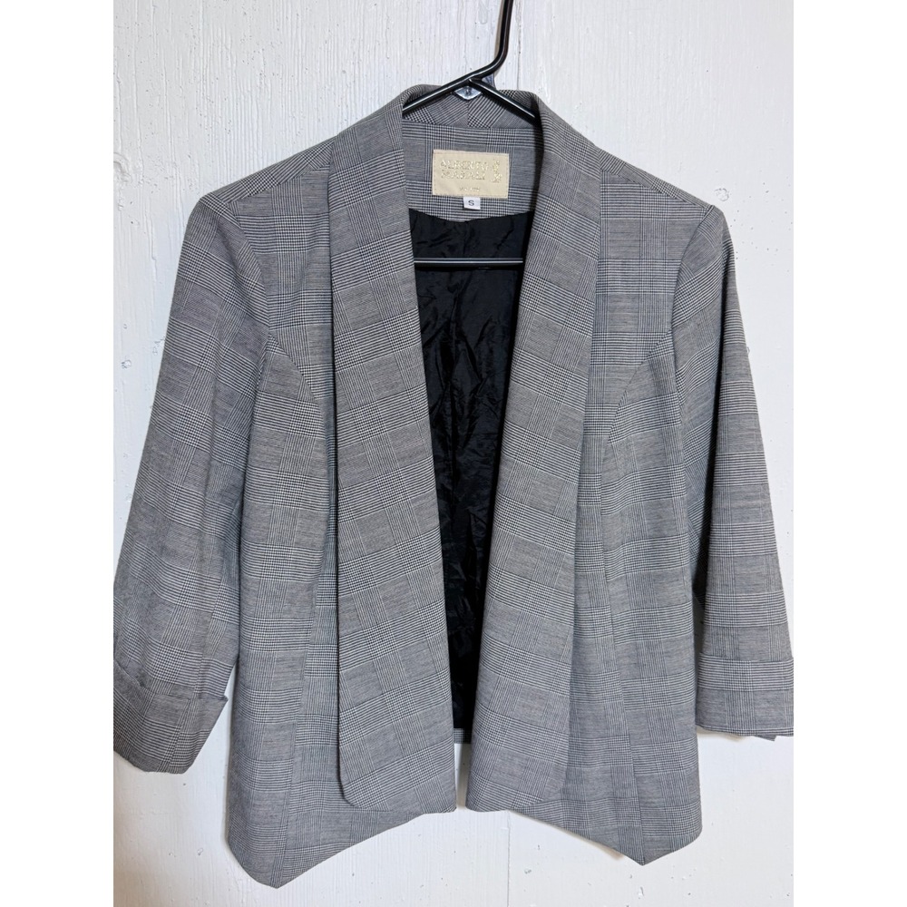 Alberto Makali Blazer Womens S Grey Cotton Plaid Open Front Preppy Classic Chic